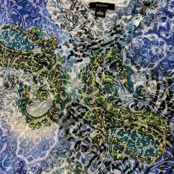 Kaktus Women's Top Size Large Studded Blue 3/4 Sleeve Shirt V-Neck Lightweight - Picture 3 of 8